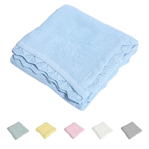 TRENDSTITCH 100% Cotton Baby Blanket Knit Lace Soft Warm Toddler Blanket,30 x 40 Inches,Sky Blue