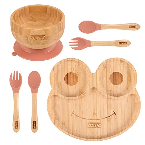 6PCS Bamboo Baby Feeding Set, Baby Suction Bowl & Plate with Silicone Spoons & Forks, Wooden Feeding Supplies for Infant & Toddlers, Baby Led Weaning Supplies Non Slip & BPA Free (Orange)