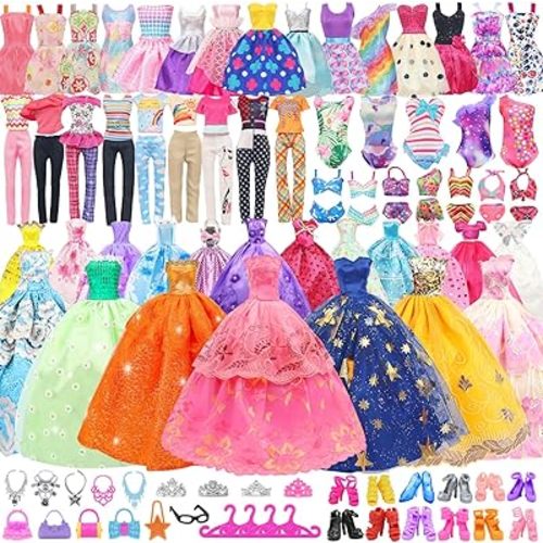 ZITA ELEMENT 101 Pcs Doll Clothes and Accessories Ramdom Style Gift Box Package, 5 Wedding Gowns 2 Fashion Dresses 2 Casual Outfit 2 Swimsuits 67 Accessories for 11.5 inch Doll Clothes for Age 3-10