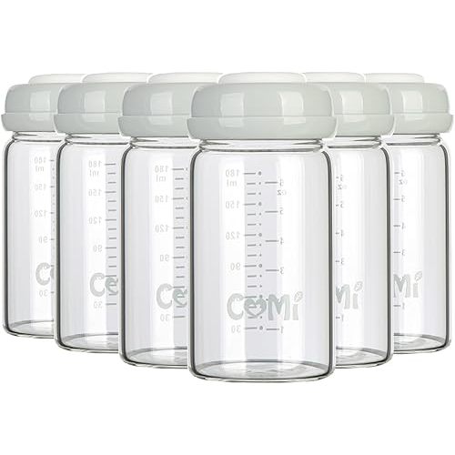 COMI Wide Neck Glass Breastmilk Collection n Storage Bottle, 6oz with Screw Ring Sealing Disk; Re-markable Sealing Disc. BPA Free, Fits Breast Pumps & Nipples (Gray Lids)