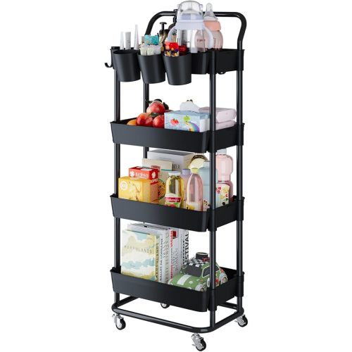 Buzowruil 4-Tier Rolling Utility Cart, Storage Cart with Handle Multi-Purpose and Locking Wheels,with Hanging Basket and Hook for Office, Kitchen, Bathroom,Black