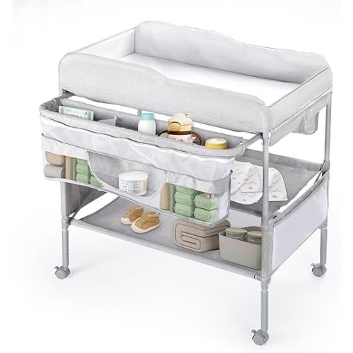 Portable Baby Changing Table, Foldable Diaper Changing Station with Waterproof Pad, Mobile Nursery Organizer for Infant & Newborn Essentials, Grey