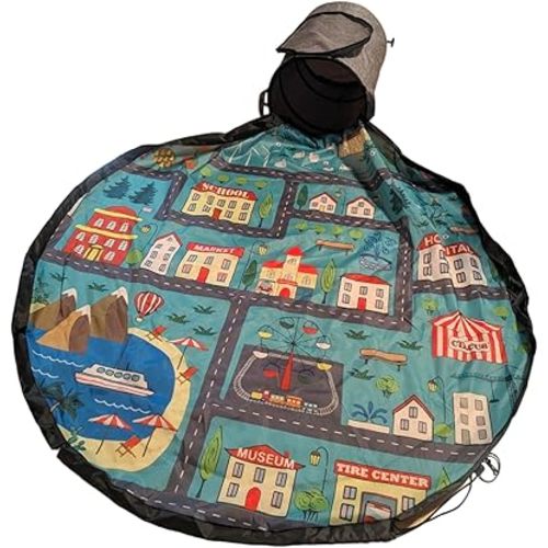 Toy Storage Basket with Cityscape Playmat - 11.8" Drawstring Toy Storage Bag with Foldable Play Mat Featuring Nonslip Backing - Portable Slide-Away Toy Storage Basket for Playrooms/Home/Travel