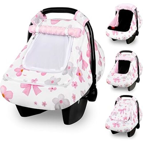 Hooyax Baby Car Seat Cover with Dual Zipper, Extra Large Mesh Window Carseat Canopy, All-Season Weather Protection for Infant Car Seats & Strollers (Pink Bow)