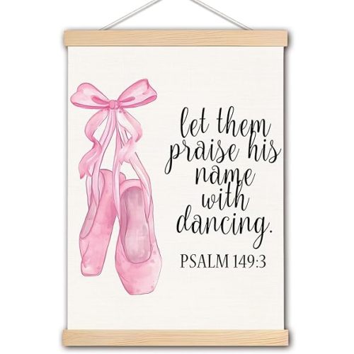 DNEULYR Coquette Pink Bow Ballerina Christian Wall Art, Ballerina Room Decor for Girls, Inspirational Pink Christian Poster Hanger Frame for Girls Room Dorm Dance Studio Classroom, 12x16 Inches