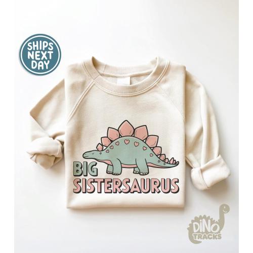 Big Sistersaurus Girls Sweatshirt - Girls Dinosaur Kids Tee - Big Sister Girls Announcement Natural Shirt