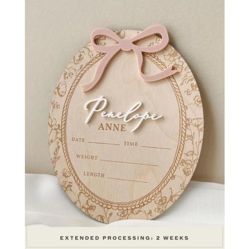 Girl Birth Name Sign Bow Hospital Announcement for Baby Girl Floral Birth Announcement Vintage Style Name Sign Announcement Plaque with Bow