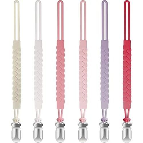 TenderBabe Silicone Pacifier Clip for Baby Girls and Boys, Pack of 6 Soft Flexible Paci Binky Clips with One-Piece Braided-Style Design,BPA-Free Baby Essentials
