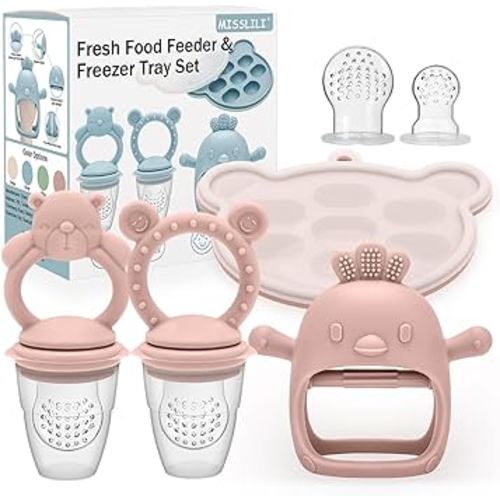 Baby Silicone Fruit Food Feeder Pacifier & Breastmilk Popsicle Freezer Molds,BPA Free Baby Food Storage Containers Frozen Ice Tray for Baby Feeding Safely, Infant Fruit Teething Toy (Pink)