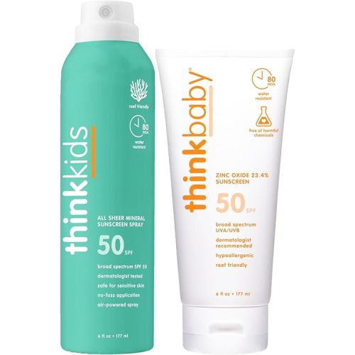 Thinkbaby SPF 50+ Baby Mineral Sunscreen, 6oz + Thinksport Kids SPF 50+ Sheer Mineral Sunscreen Spray, 6oz, Water Resistant Sun Cream – Broad Spectrum UVA/UVB Sun Protection