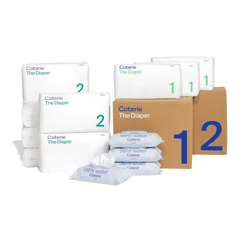 Coterie Baby Wipes + Diapers Kit, Size 1 (99 Count) & Size 2 Diapers (186 Count), 4 Pack (224) Baby Wipes with 99% Water, Plant Based Materials, Hypoallergenic for Sensitive Skin