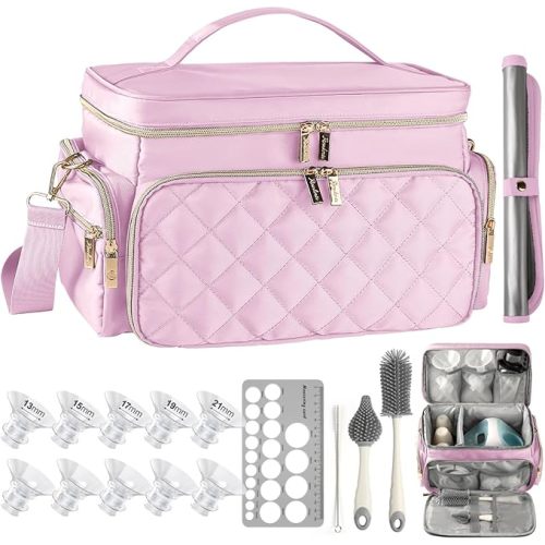 Breast Pump Bag Kit for Spectra S1/S2, Pumping Bag with Bottle Brush Set, 10Pcs Flange Inserts for 24mm Flange, Nipple Ruler, Waterproof Mat, Pump Carrying Case for Work Travel, Light Pink