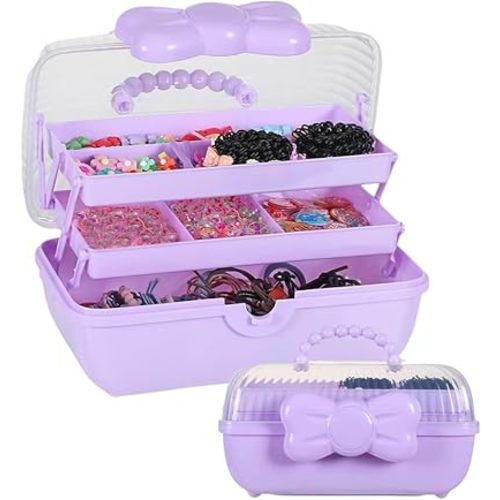 Hair Accessories Organizer for Girls Headbands, Clips, Ties Baby Girl Supplies, Lockable Three-layer Folding Craft Organizers and Storage Plastic Jewelry Box,10.8 * 5.9 * 5.7in (Purple)