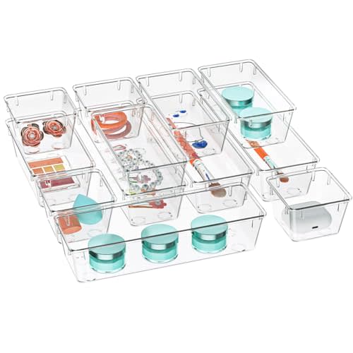 WOWBOX 12 Pack Clear Drawer Organizer Set, Acrylic Drawer Storage Trays, Storage Bins for Makeup, Cosmetics, Jewelries, Utensils, Gadgets, Office