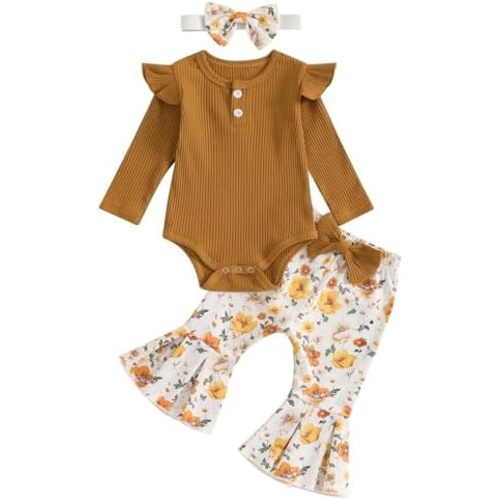 Emmababy Baby Girl Romper Flare Pants Set Ribbed Top Long Sleeve Bodysuit Ruffle Bowknot Sweater Floral Bell Bottoms Headband