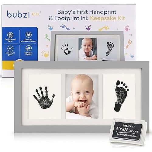 Bubzi Co Baby Handprint Kit & Footprint Photo Frame for Newborn Girls and Boys, Unique Baby Shower Gifts Set for Registry, Memorable Keepsake Decorations for Room Wall or Nursery Decor (Cool Gray)