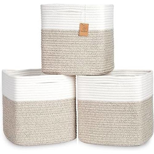 NaturalCozy 13 Inch Cube Storage Bins Cotton Rope Woven Baskets for Organizing 3-Pack | 13 x 13 Storage Cubes | Fabric Square Storage Baskets for Shelves Organizer, Kids Toy Bins, Closet Baby Nursery