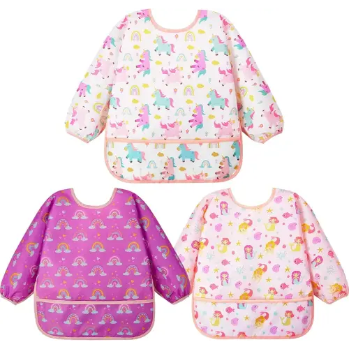 Lictin 3 Pack Baby Bibs for Boy or Girl, Cute Long Sleeve Bib, Waterproof Bibs for Toddlers,Adjustable Closure Baby Smock, Mess Proof Baby Bib, 6-24 Months Reusable Infant Baby Bibs