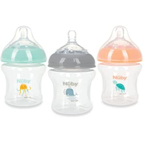 Nuby 3-Pack Infant Feeding Bottles with Slow Flow Breast Size Silicone Nipple: 0+ Months, 6oz, 3 Pack Set: Delicate Whale, Jellyfish, Turtle Prints