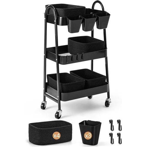 3-Tier Rolling Utility Cart with 4 Woven Baskets, Diaper Book Snack Cart, Storage Organizer for Nursery, Kitchen, Craft Room, Home SPA, Living Room, Metal Frame Trolley on Lockable Wheels, Black
