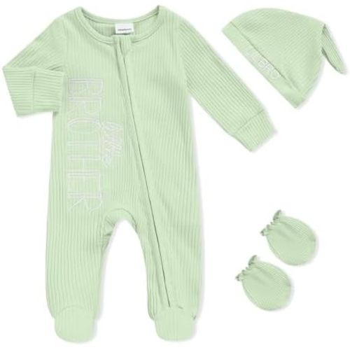Newborn Baby Boy Fall Winter Outfits Zippered Romper Letter Embroidered Coming Home Jumpsuit with Hat Mittens
