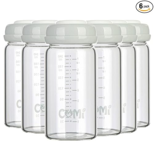 COMI Wide Neck Glass Breastmilk Collection n Storage Bottle, 8oz with Screw Ring Sealing Disk; Re-markable Sealing Disc. BPA Free, Fits Breast Pumps & Nipples (6 Gray Lids)