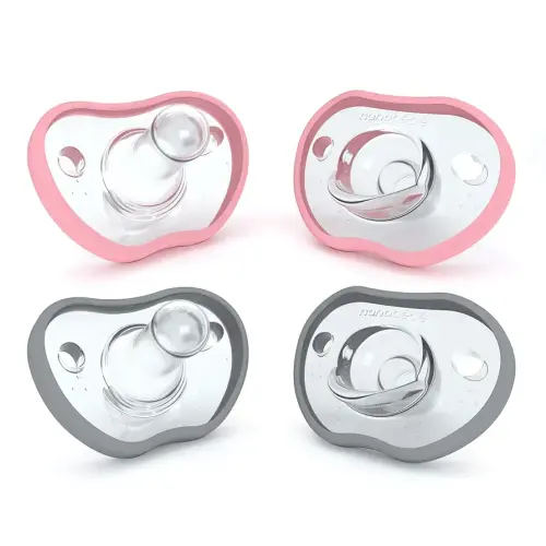 Nanobebe Baby Pacifiers 0-3 Month - Orthodontic, Curves Comfortably with Face Contour, Award Winning for Breastfeeding Babies, 100% Silicone, Baby Registry Gift 4pk,Pink/Grey