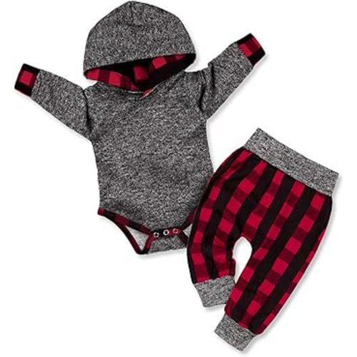 Fommy Newborn Baby Boy Clothes Plaid Letter Print Long Sleeve Hoodies + Long Pants 2PCS Fall Winter Outfits Set