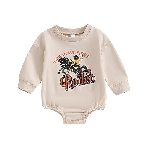 Pivanzore Western Baby Girl Boy Clothes Cowboy Print Crewneck Sweatshirt Romper Long Sleeve Onesie Newborn Bodysuit Outfit