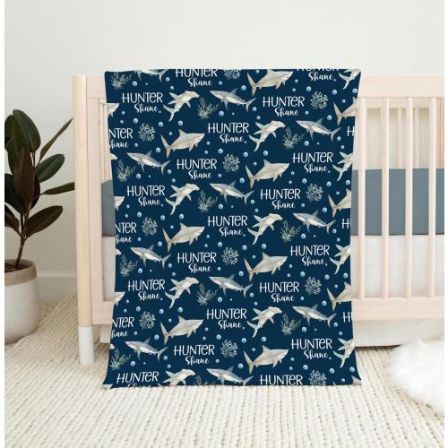 SHARK BABY BOY Blanket, Toddler Boy Shark Blanket, Personalized Shark Baby Blanket, Custom Name Marine Under the Sea Ocean New Baby Boy Gift