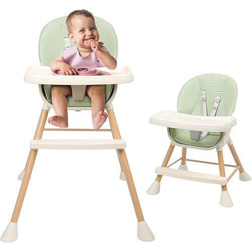 6-in-1 Baby High Chair, Convertible High Chairs for Babies and Toddlers, Infant Feeding Highchair with Cushion, 5-Point Harness, Footrest, Removable Tray, and Adjustable Legs, Green