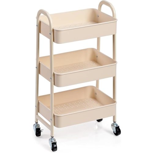 AGTEK 3-Tier Rolling Carts with Wheels, Rolling Utility Cart with Iron Frame for Kitchen, Plastic Shelves, Living Room, Office, Beige