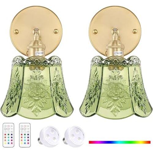 Vintage Battery Operated Wall Sconces Set of Two, Wireless Battery Powered Rose Wall Sconce with Remote Control, RGB Dimmable LED Wall Light for Bedside Bathroom Living Room (Green)