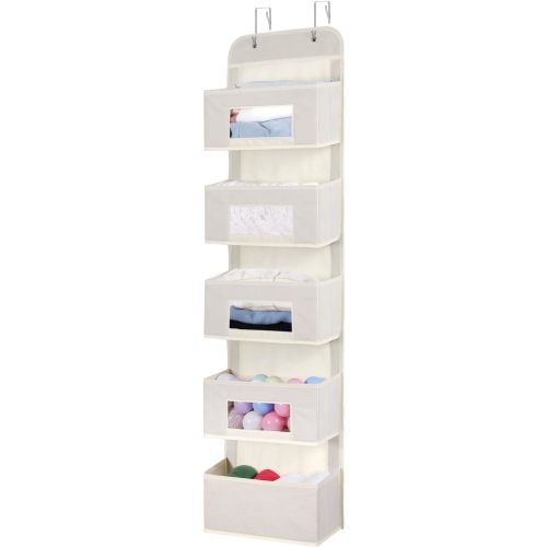 MAX Houser 5-Shelf Over The Door Hanging Organizer with 2 Metal Hooks, 5 Pocket Over The Door Wall Mount Storage with Clear Windows for Baby Nursery Bathroom Closet,Bedroom,Dorm,Diapers,Kids(Beige)