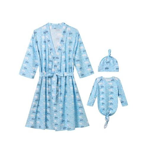 Mommy and Me Robe and Swaddle Set Floral Maternity and Baby Matching Delivery Blanket Headband for Mom Girl Boy 4pcs