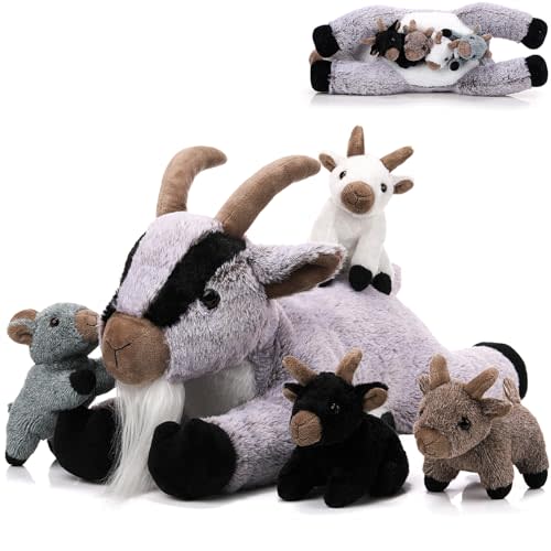 HyDren 5 Pcs Goat Plush Toy Set 18 Inch Mommy Goat Stuffed Animal with 4 Stuffed Kids in Zippered Tummy Soft Plushies for Children's Day Gifts Birthday Farm Party Decors Sleeping Companion