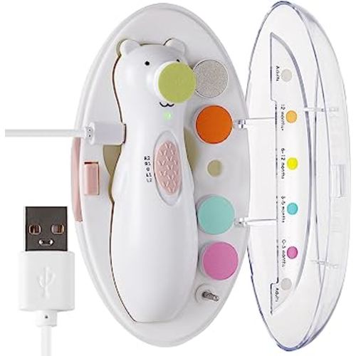 haakaa Happii Bear Baby Nail File Electric Nail Trimmer with LED Light, Rechargeable Baby Nail Clippers for Newborn/Adults Toes and Fingernails, Additional Replacement Heads & Charging Cable