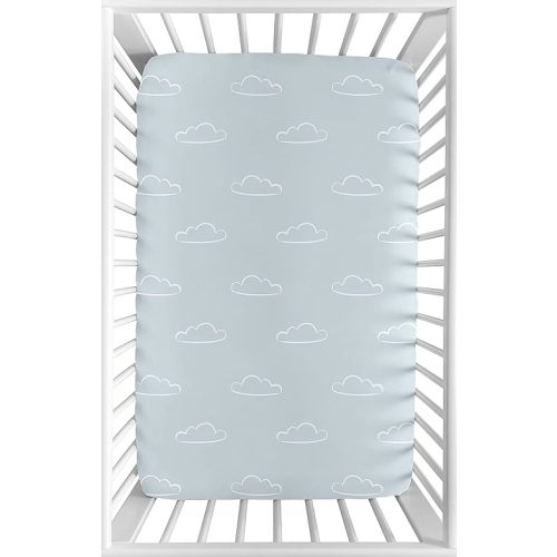 Sweet Jojo Designs Blue Clouds Boy Fitted Mini Crib Sheet Baby Nursery for Portable Crib or Pack and Play - Slate and White Cloud Sky for Vintage Airplane Aviator Aviation Collection