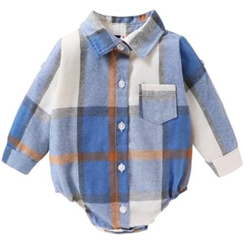HAPPYMA Newborn Baby Boy Girls Plaid Outfit Flannel Romper Tops Infant Long Sleeve Button Down Plaid Casual Bodysuit Clothes