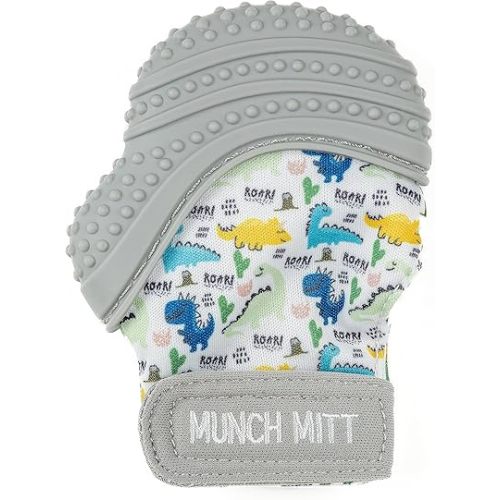 Malarkey Kids Baby Teething Mitten, Munch Mitt Baby Chew Toy - Protects Hands from Chewing & Saliva, Heals Aching Gums, Promotes Sound & Visual Stimulation for Babies - Dino Roar