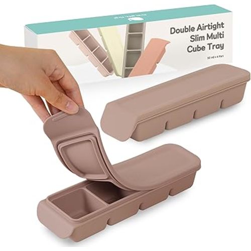 Silicone Freezer Trays with Lid,1.7oz 4 Section - Leak Proof Silicone Freezer molds for Homemade Baby Food Breastmilk,Purees, Vegetables, Baby Food Jars Ice Tray with Lid BPA Free Taupe Brown