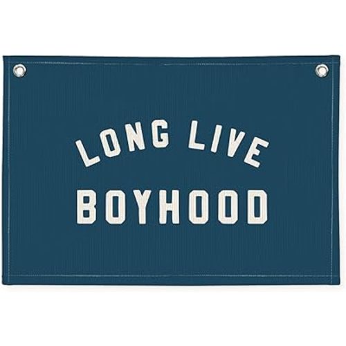 Long Live Boyhood Boys Room Decor - Linen Banner Wall Hanging Canvas Banner Flag Decor for Toddler Boy Room Nursery Playroom - Navy Blue