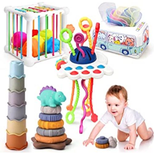 5 in 1 Baby Montessori Toys Set Include Shape Sorter Bin with Sound, Baby Tissue Box, Stacking Cups, Pull String Toy, Soft Stacking Rings, Sensory Toys for Infants Toddlers