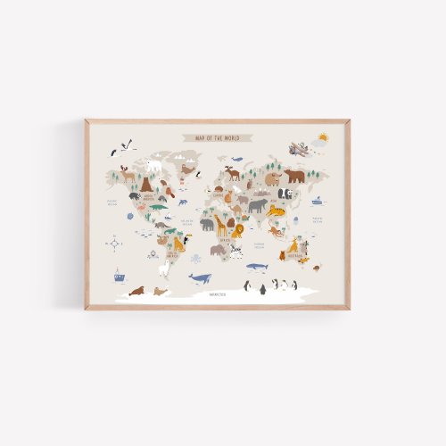 Kids World Map Printable - Playroom Animal World Map - Gender Neutral Nursery Educational Poster - Toddler Room Wall Art Decor