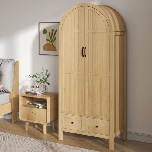 Alcott Hill® Armoire Wardrobe Closet with 2 Arched Fluted Doors, Wardrobe Cabinet with 2 Drawers, Wardrobe Armoire with Shelves and Hanging Rod for Bedroom & Reviews | Wayfair