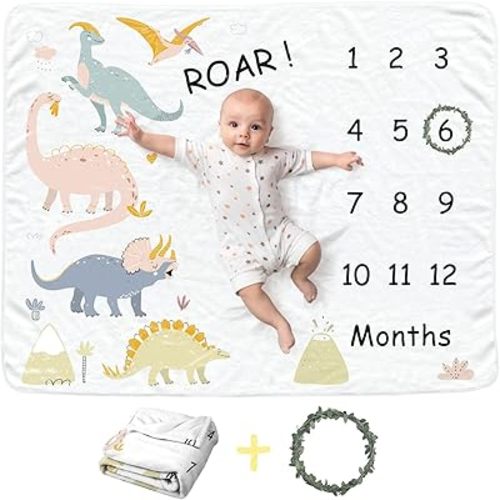 Dinosaur Baby Monthly Blanket for Boys, Newborn Month Blanket, Soft Flannel Photography Background Prop Blanket, Personalized Shower Gift, Dinosaur