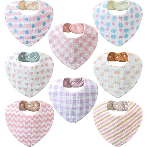 Cherub Reversible Muslin Bibs for Baby Girl, 8 Pack, 16 Stylish Designs Bandana Bibs, Solid Colors & Adorable Prints, Soft and Absorbent Baby Bibs for Drooling and Teething