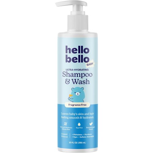 Hello Bello Baby Ultra-Hydrating Shampoo & Wash, Fragrance Free for Sensitive Skin, 10oz Bottle