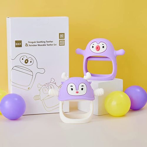 Smily Mia Baby Teething Toy |Penguin Teether for 0-6Months |Reindeer Baby Chew Toys for 3m+, Soft Silicone Hand Teether |Teething Mitten for Teething Pain Relief, Baby Essentials Gift Box, Purple - lilac