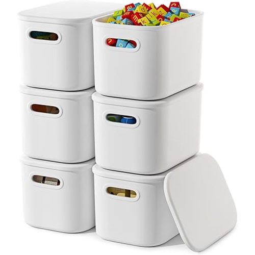 6 Pack White Storage Bins with Lids Stackable Storage Container for Organizing, Storage Boxes with Handle for Shelves, Cube Storage Bin for Craft, Snacks, 9.85x6.9x5.7 inch